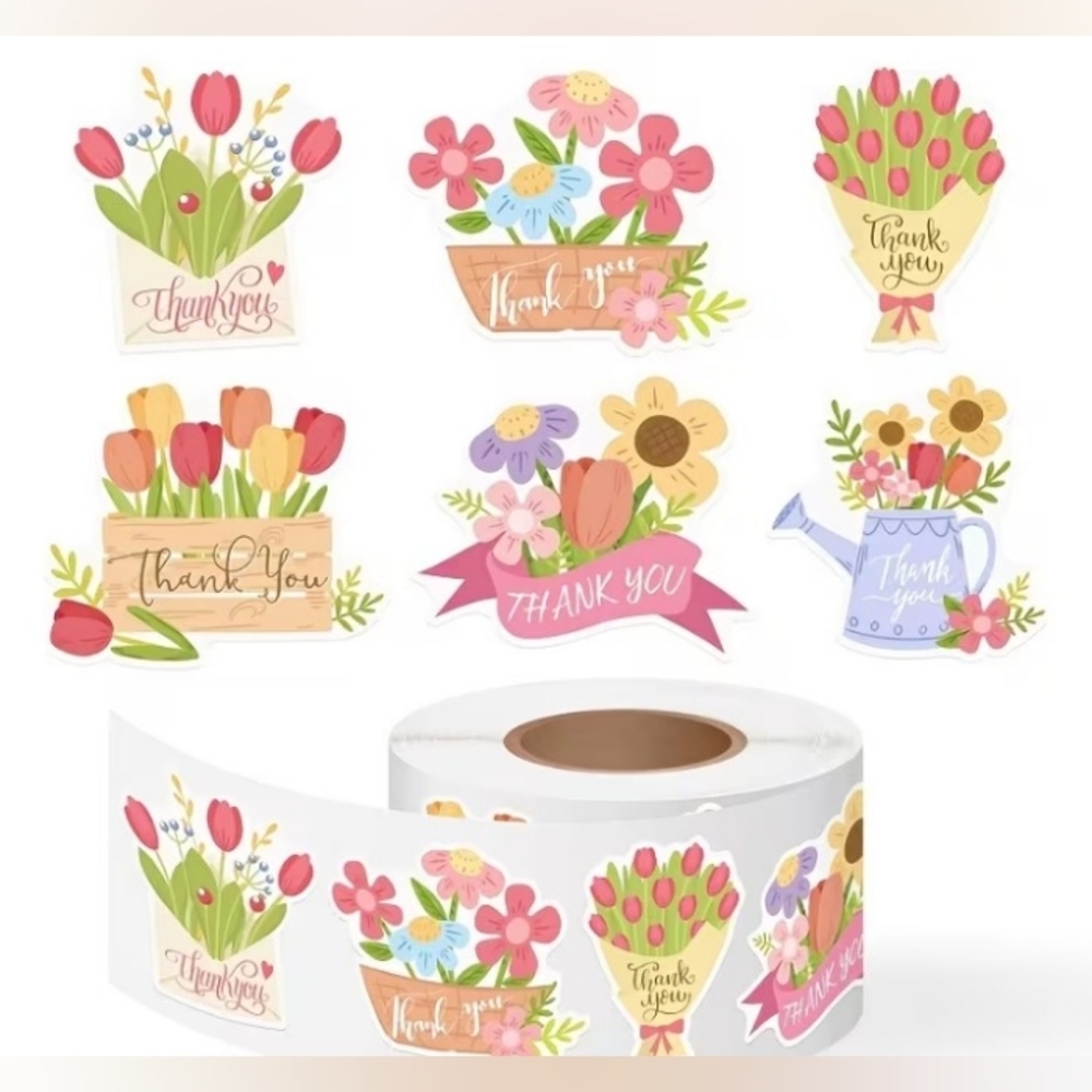 500 Floral "Thank You" Sticker Roll - Pastel Bouquet Designs